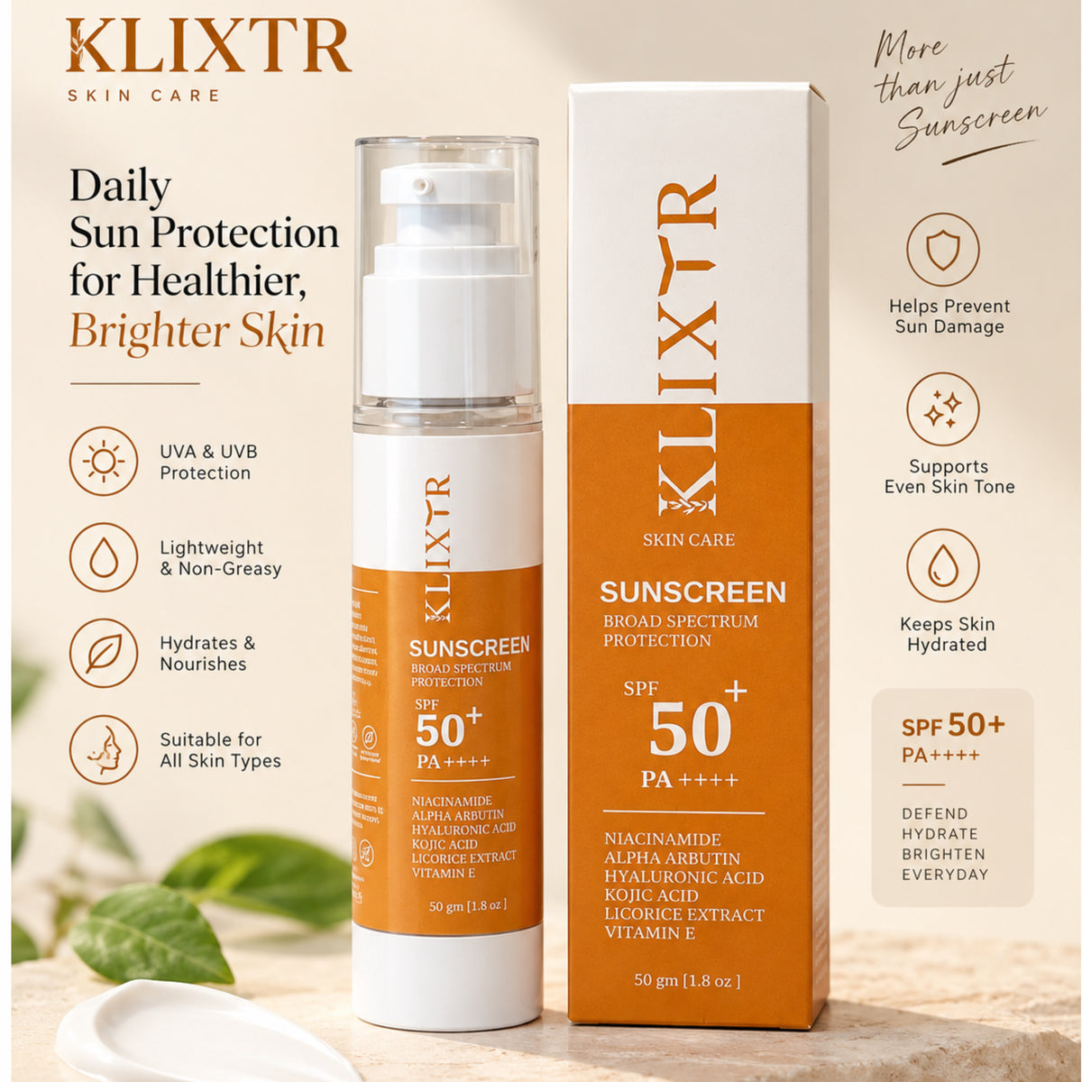 Klixtr SPF 50 PA++++ Ultra Protection Sunscreen Cream – 50 g