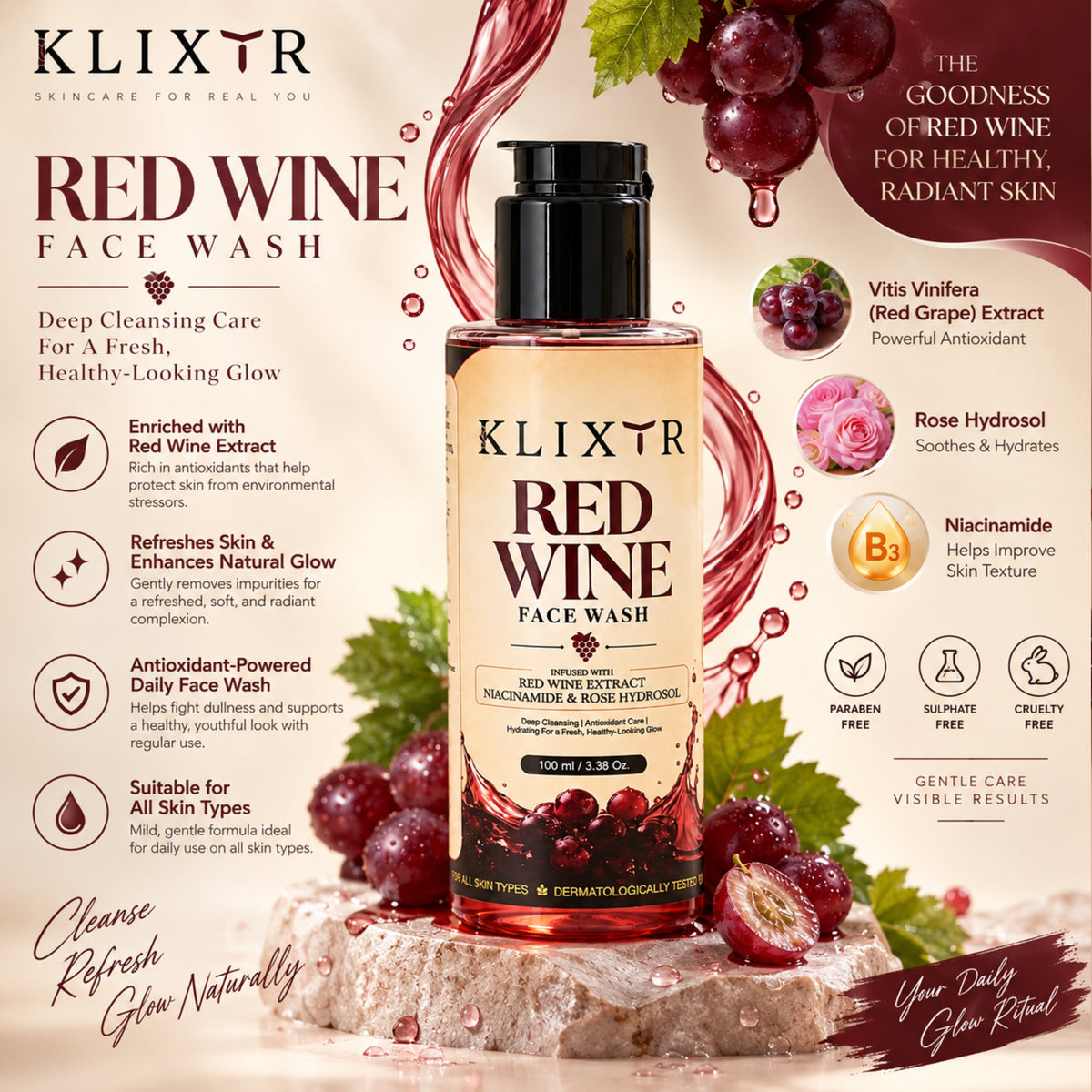 Klixtr Red Wine Natural Glow Purifying Face Wash – 100 ML