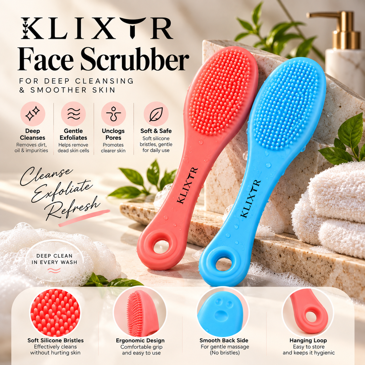 Klixtr Silicone Face Scrubber – Deep Cleansing & Gentle Exfoliating Facial Brush
